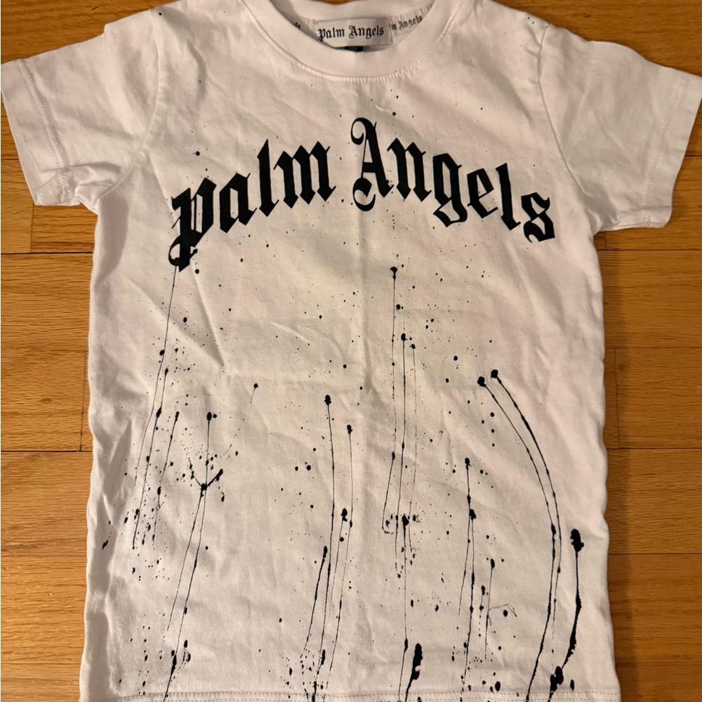 Palm Angels Kids White Tee with Black Splatter Design,boys 3